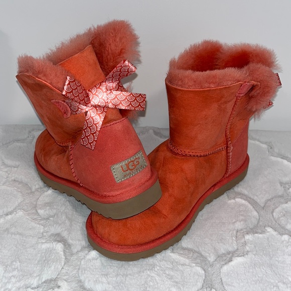 UGG Shoes - UGG Mini Bailey Bow Coral Pink Suede Booties S/N 1006640